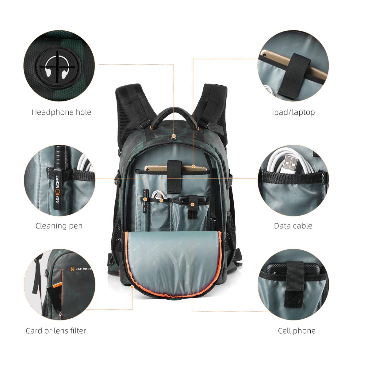 Mochila multifuncional K&F Concept para fotografía de viajes al aire libre, 30 x 24 x 45 cm, mochila de 23 l Nature Wander 06 (camuflaje - Imagen 6