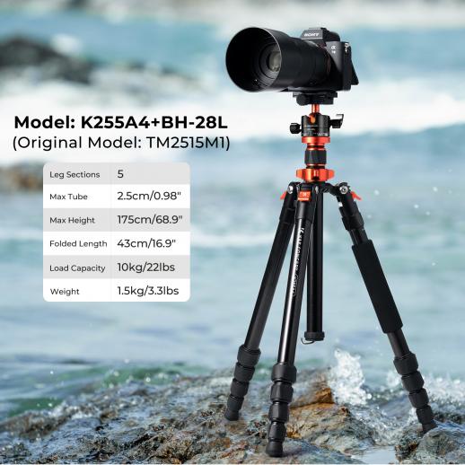 175cm K&F Travel Companion Tripod - K&F TRIPODE K255A4+BH-28L KF09.083V2 - Imagen 2